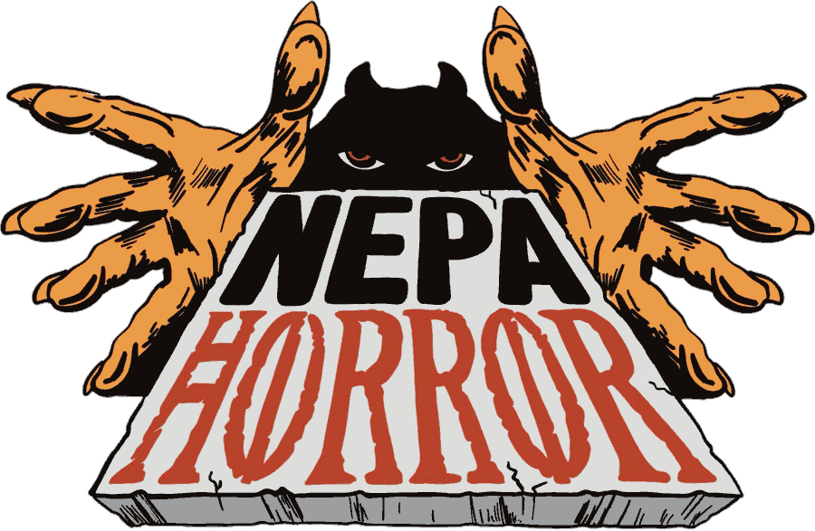 NEPA Horror logo: clawed hands gripping a tombstone with glowing red eyes behind it